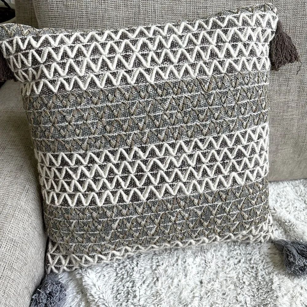 Boho Farmhouse Neutrals Tan Gray Zig Zag Textured Throw Pillow